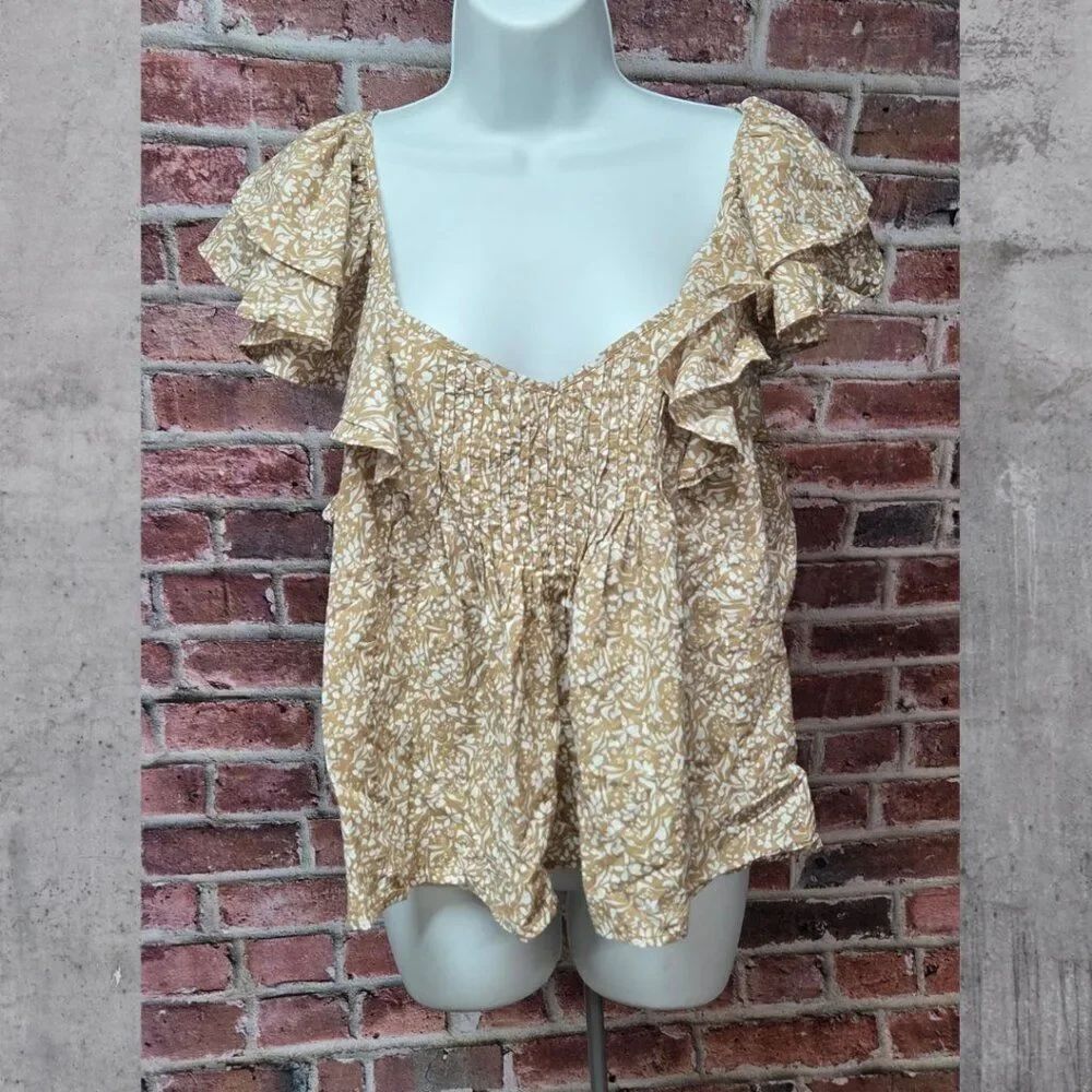 Universal Thread Tan White Floral Top Large Ruffle Sleeve V Neck Relaxed Fit